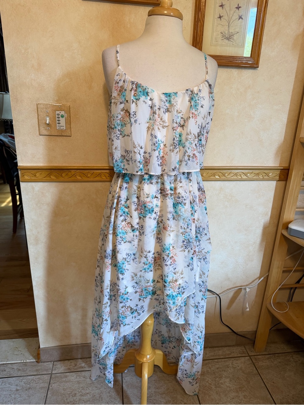 Floral High-Low Summer Dress - White with Teal & Brown Print